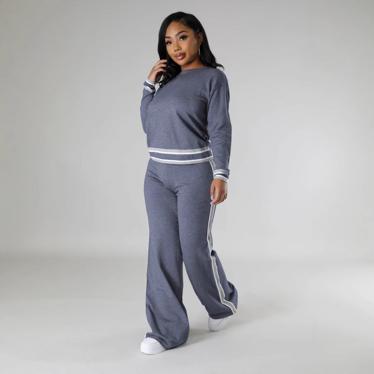 Women Fall and Winter Casual Long Sleeve Knitting Top Wide Leg Pants Two Piece Set 7