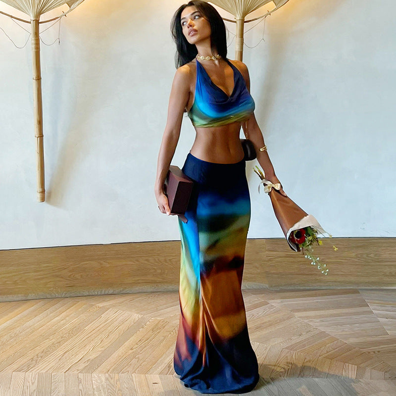 Summer Street Style Print Sleeveless Halter Neck Crop Top & Skirt Set 4