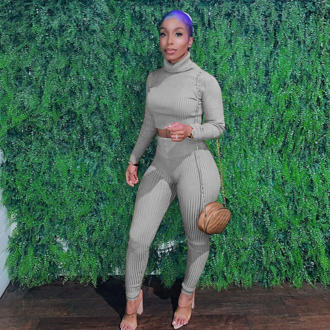 Women's Winter Fashionable solid knitting Long Sleeve Two Piece Pants set 3