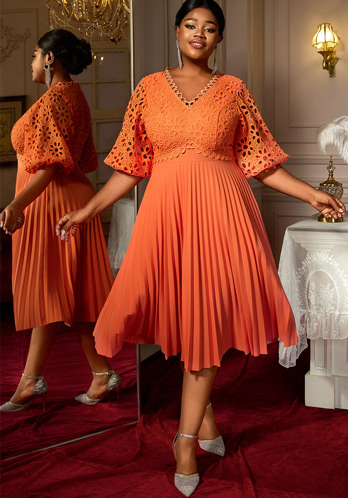 Plus Size Lace Cut-Out Puff Sleeve V-Neck Slim Fit A-Line Pleated Party Dress