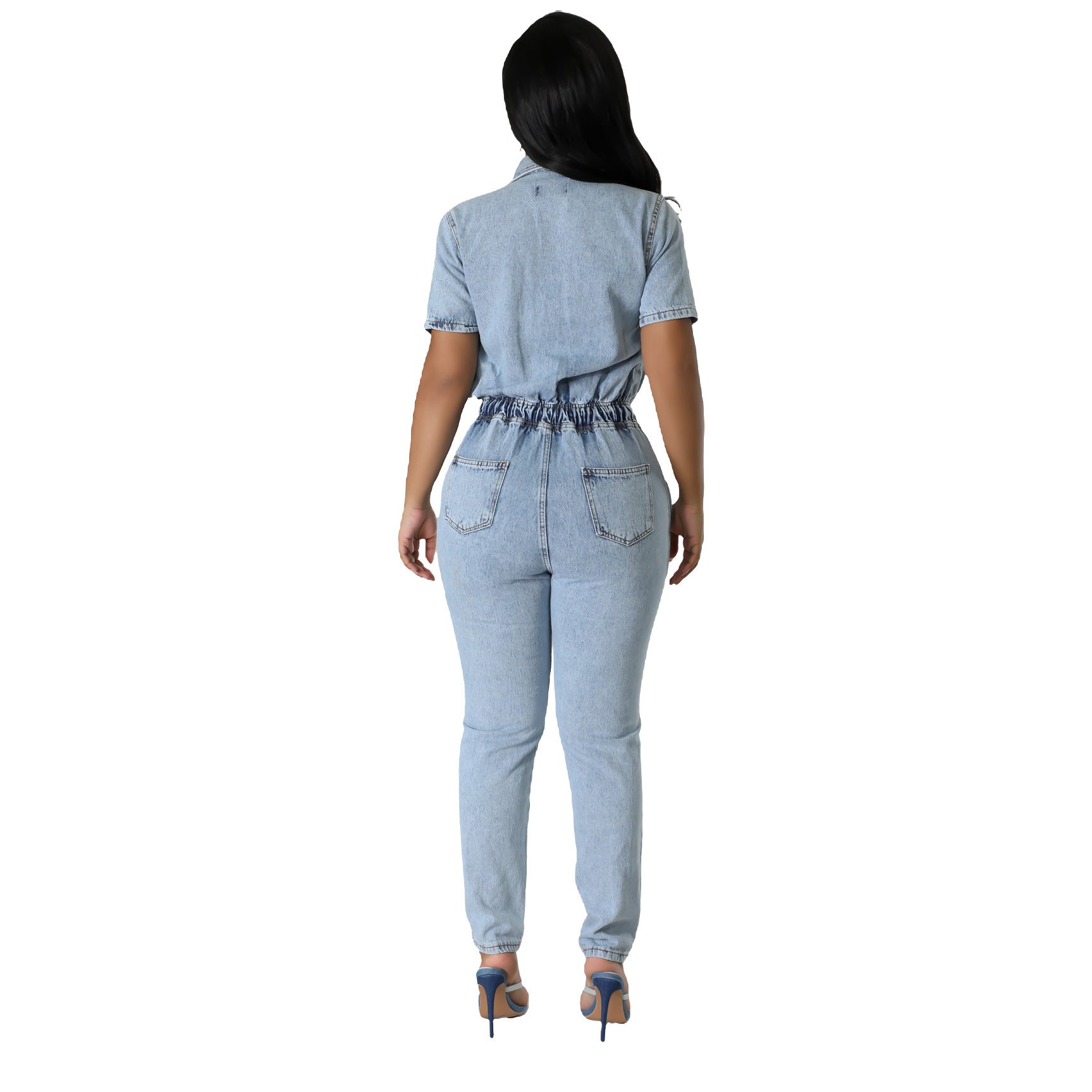 Women Stretch Washed Denim Short Sleeve Jumpsuit 5
