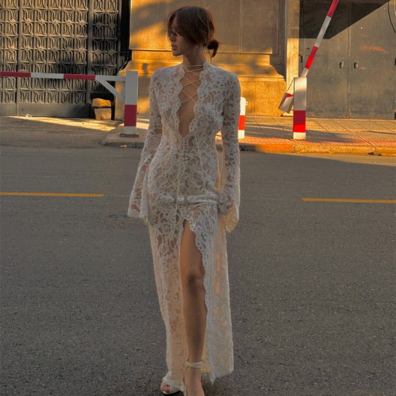 Autumn Sexy Lace Patchwork Fashion Street Slit Long Sleeve Dress