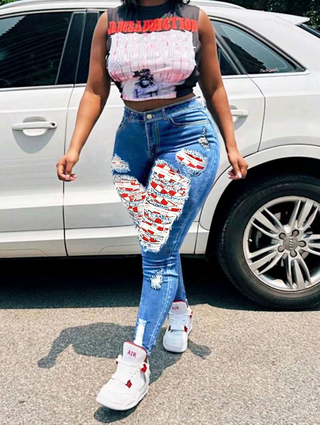 Sexy Red Plaid Patch Ripped Tight-Fitting Casual Stretch Denim Pants 5