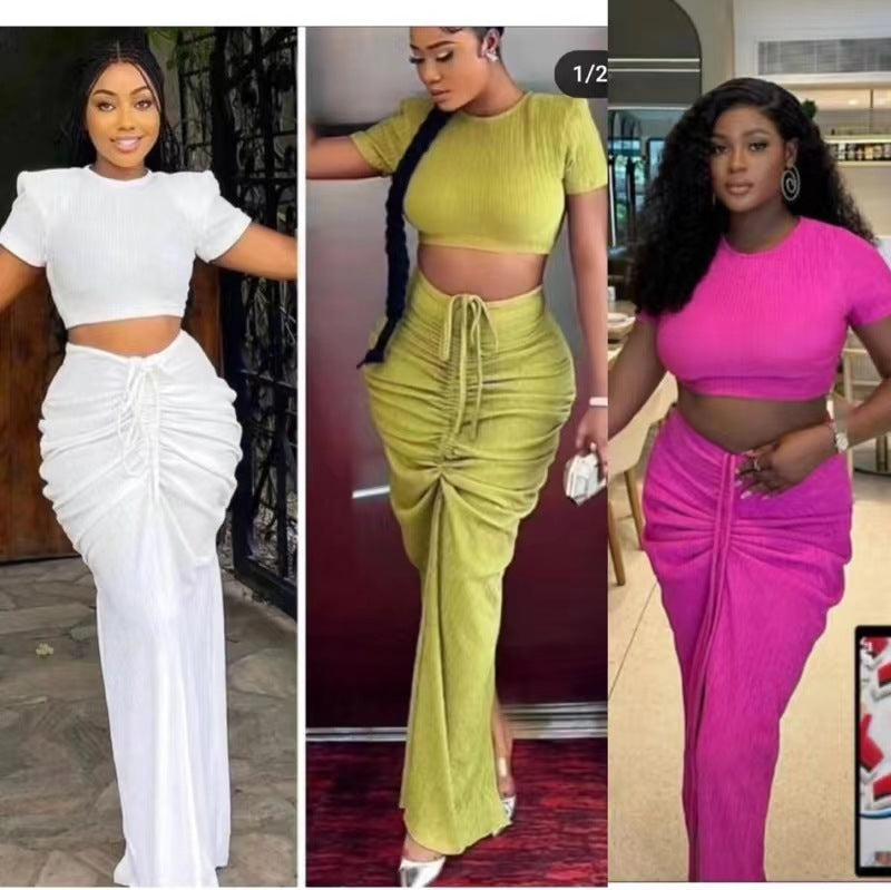 Women sexy pleated short-sleeved top and Drawstring Pleated Skirt Two-piece Set 7