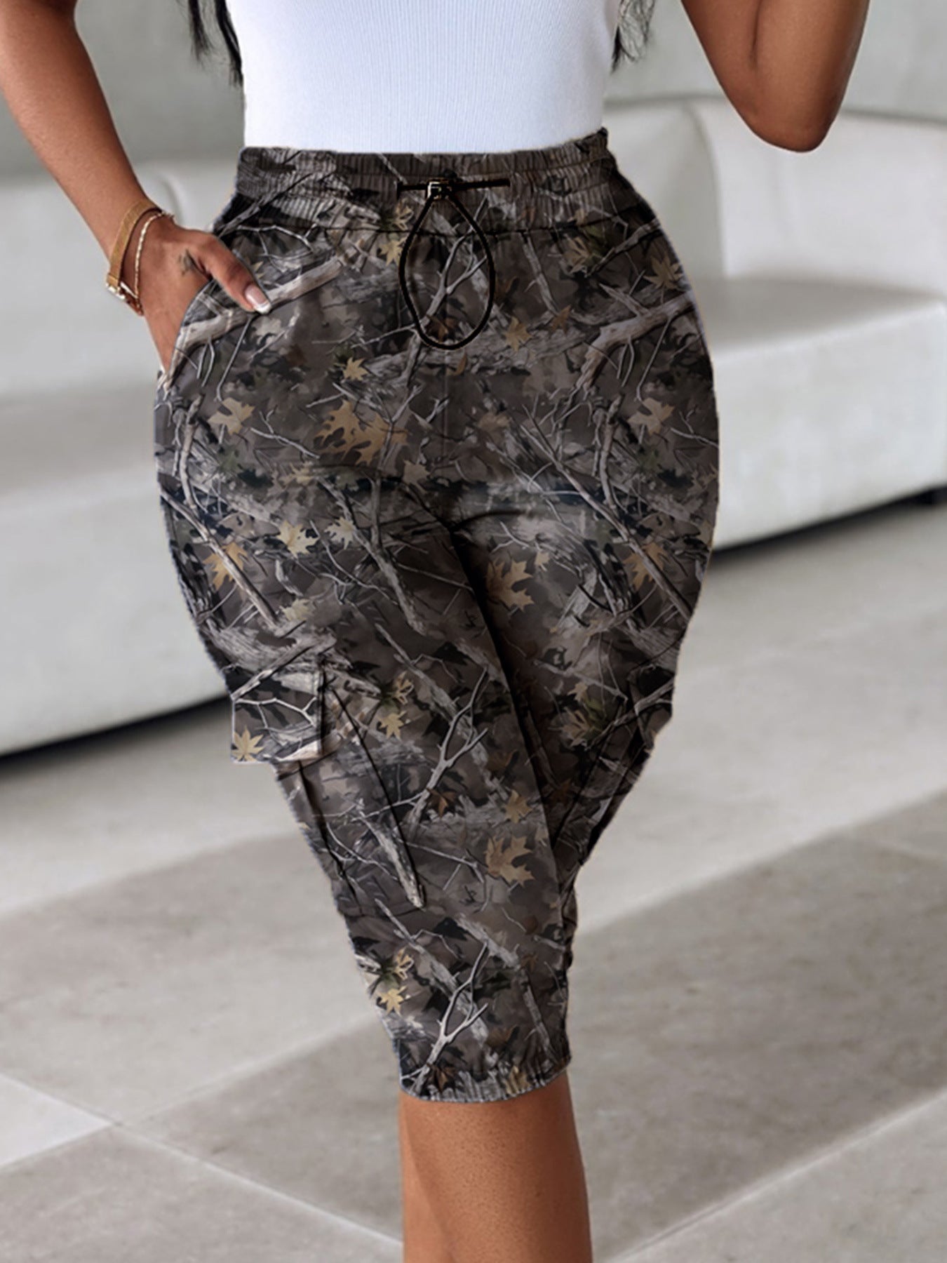 Women elastic waist pocket Cargo shorts 17