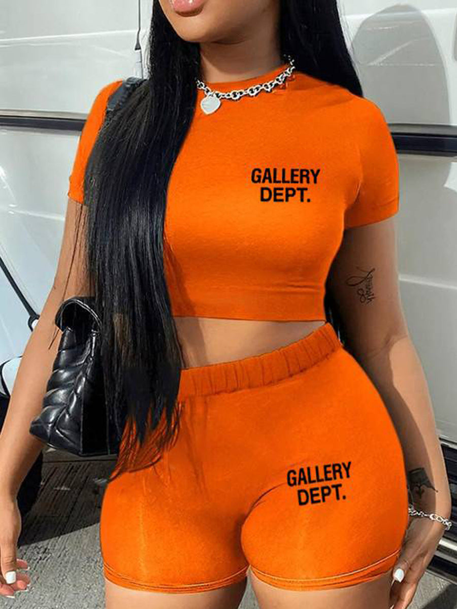 Solid Letter Print Casual Two Piece Women's Street T-Shirt Shorts Set 6
