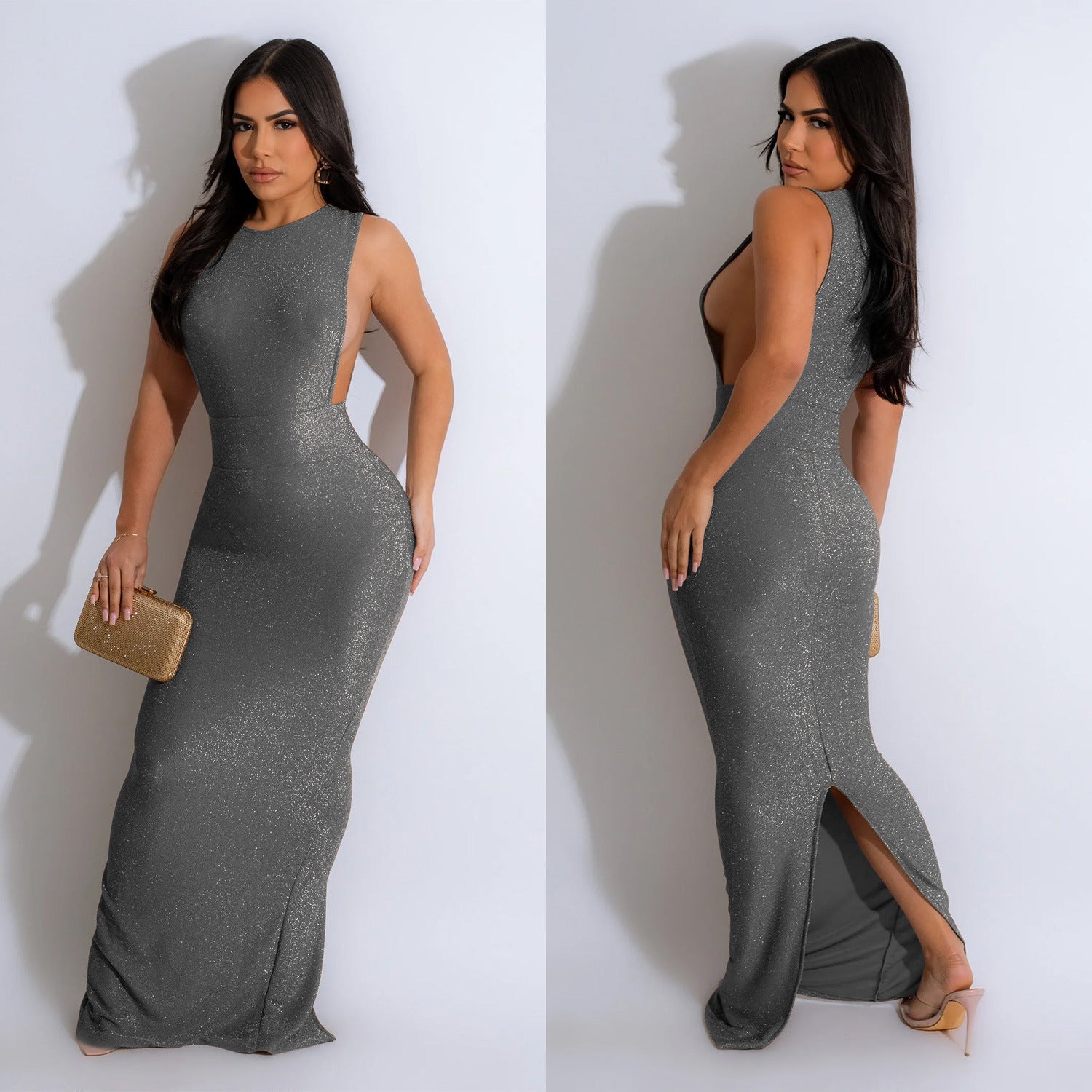 Fashion Women's Solid Color Round Neck Sleeveless Slit Maxi Dress 7