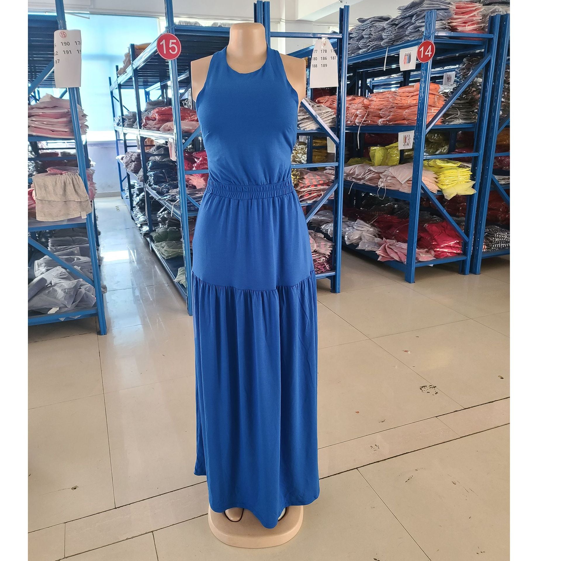 Women's Suspenders Solid Color Sleeveless Sexy Leak Back Large Long Dress 13