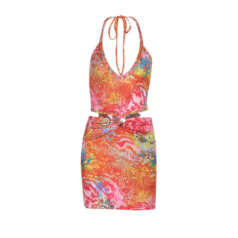 Women summer sexy printed hollow Halter Neck Bodycon dress 18