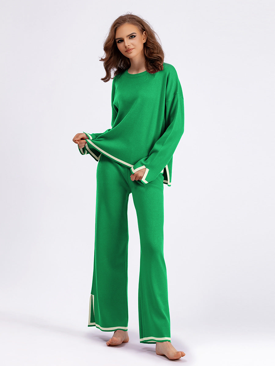 Autumn And Winter Chic Contrast Color Split Long Sleeve Knitting Top High Waist Wide Leg Pants Two-Piece Set 6
