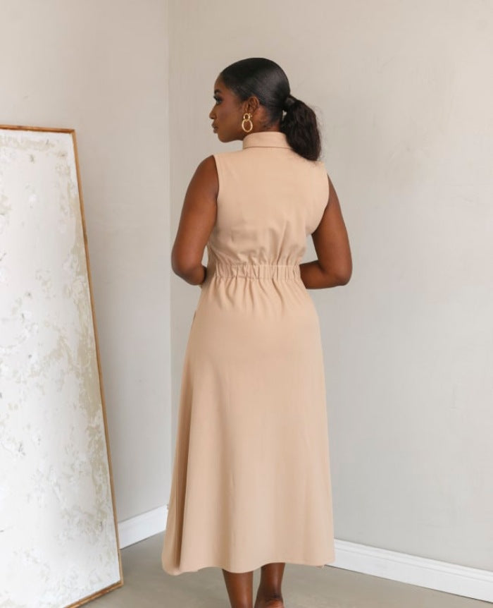 Women Summer Turndown Collar Sleeveless Patch Pocket Dress 4