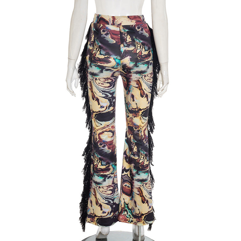 Women Autumn/Winter Multi-Color Printed Fringed Patchwork Pants 6