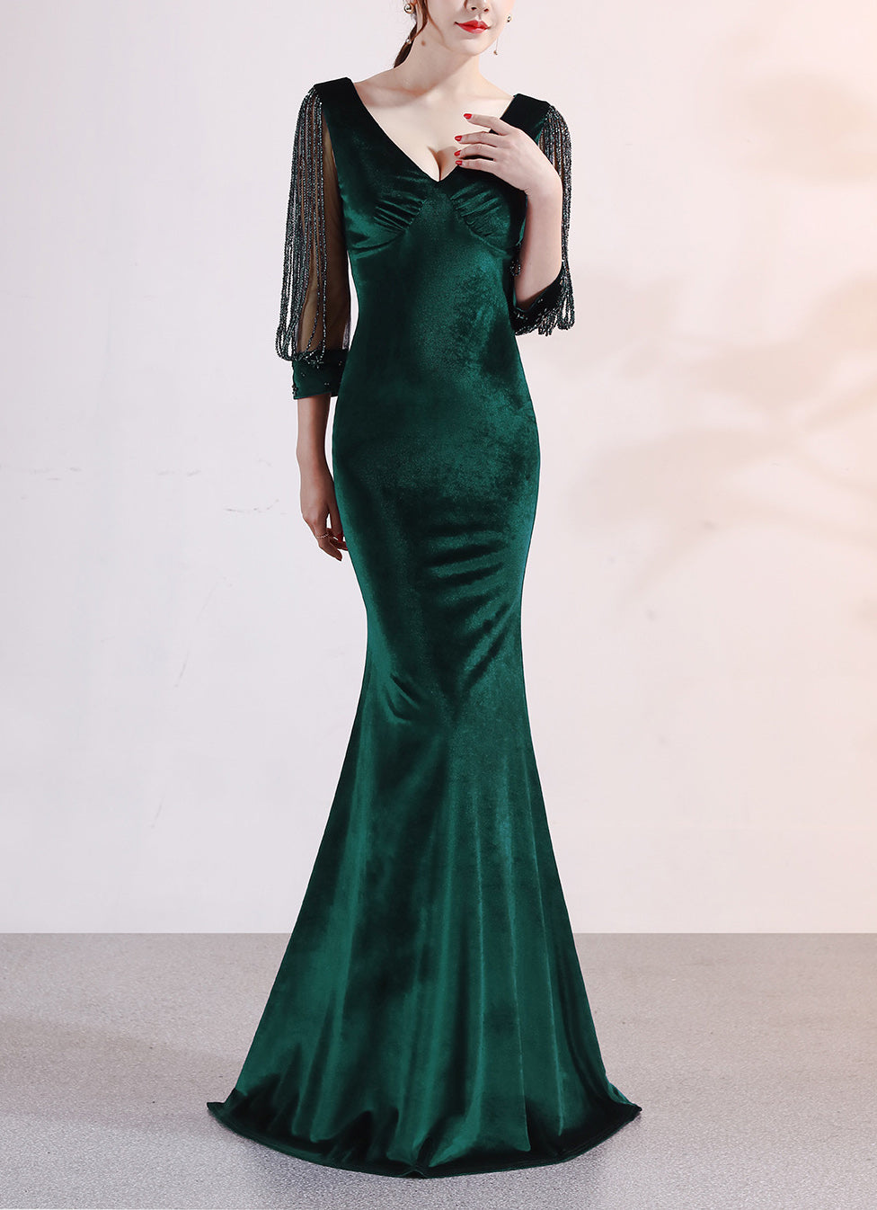 sexy velvet crystal diamond chain bride clothing winter long-sleeved mermaid long evening dress 3