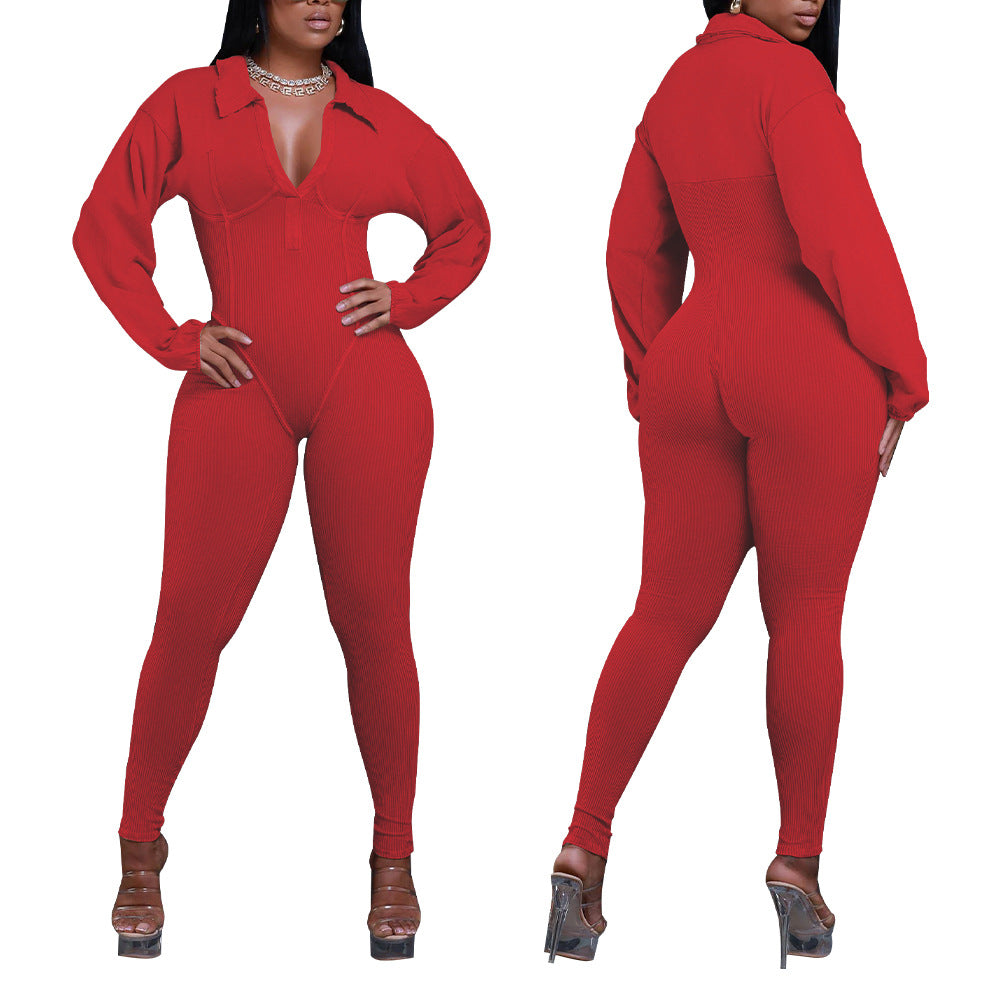 Autumn And Winter Women's V-Neck Long Sleeves Tight Fitting Patchwork Jumpsuit 5