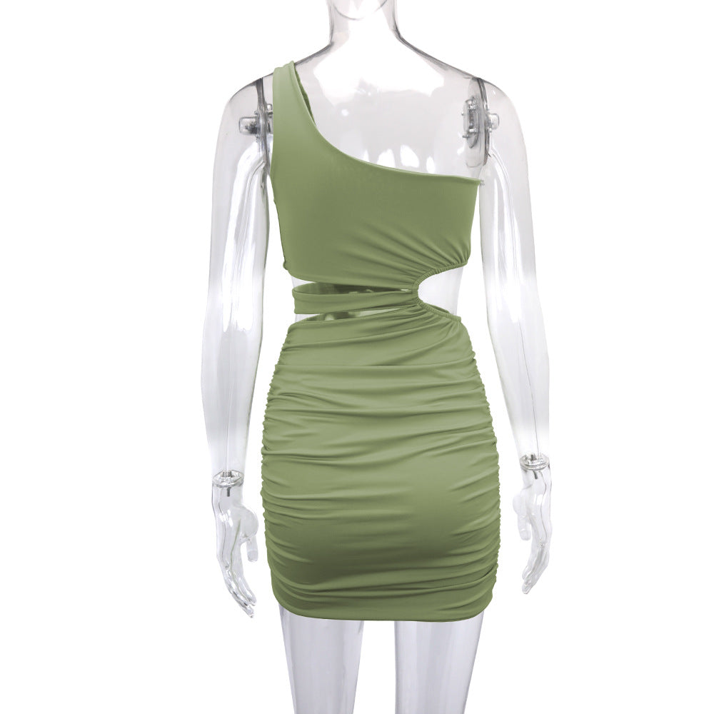 Women One Shoulder Short Skirt Hollow Bodycon Dress 19