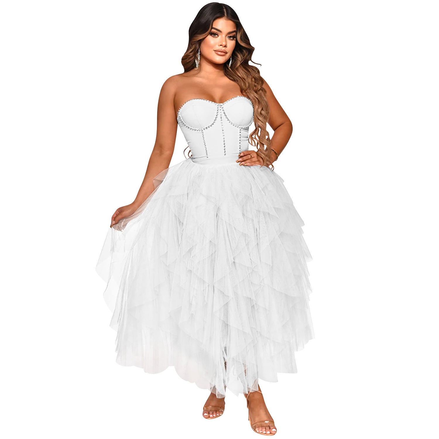 fashion solid color beaded tube top fluffy mesh dress women 4