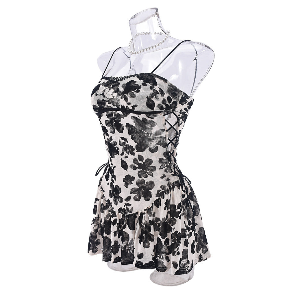 Women Stretchy Mesh Flocked Backless Sexy See-Through Lace-Up Dress 8