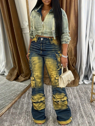 Women American Retro Cargo Tie-Dye Wide-Leg Pants