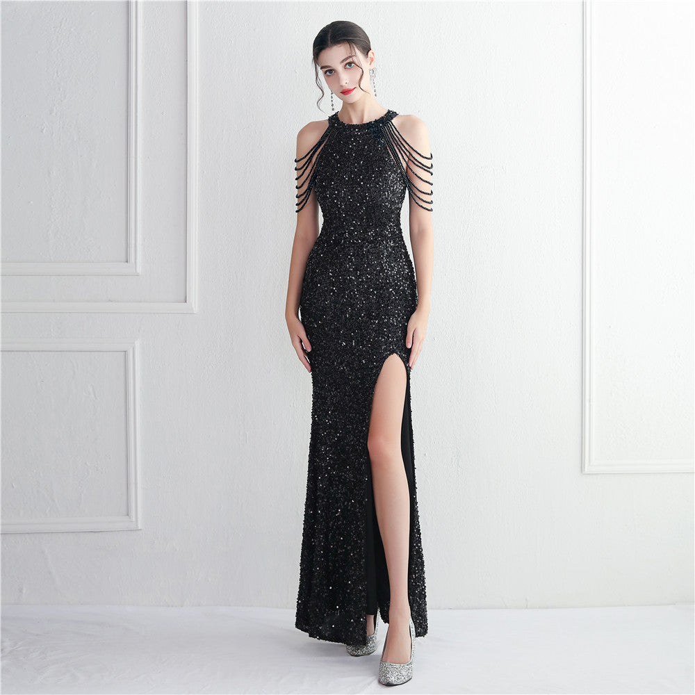 Beading Formal Party Chic Elegant Long Halter Neck Split Sequins Evening Dress 18