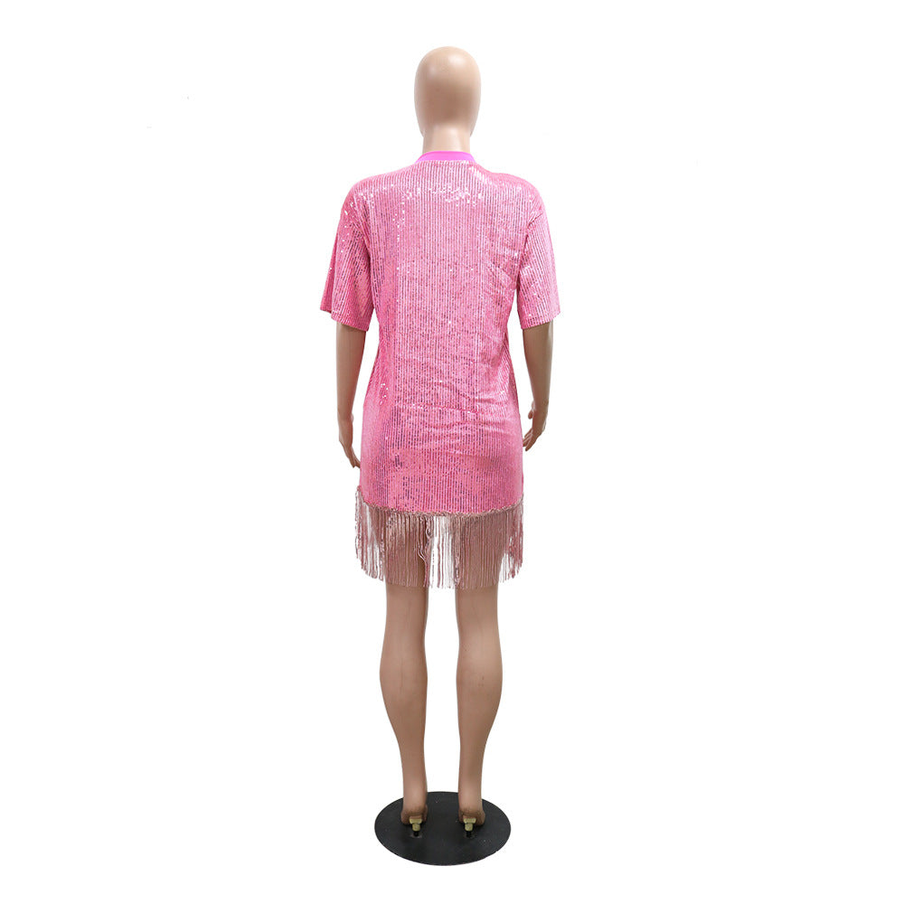 Women Fashion Round Neck Short Sleeve Sequin Tassel Casual Dress 13