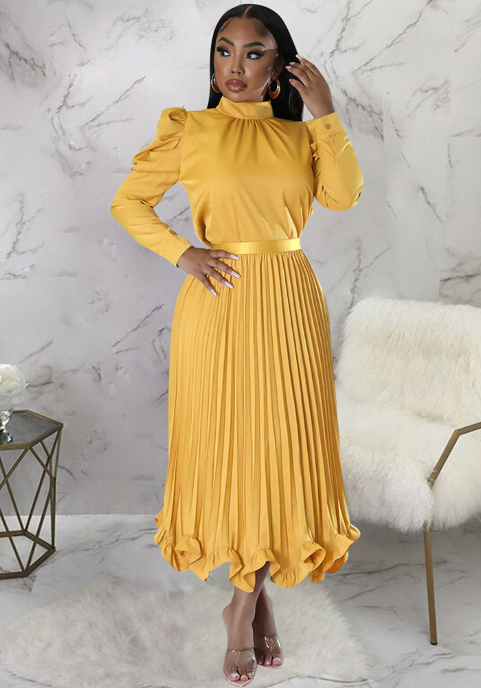 Women's Winter Puff Sleeve Top Ruffled Pleated Skirt Two-Piece Suit