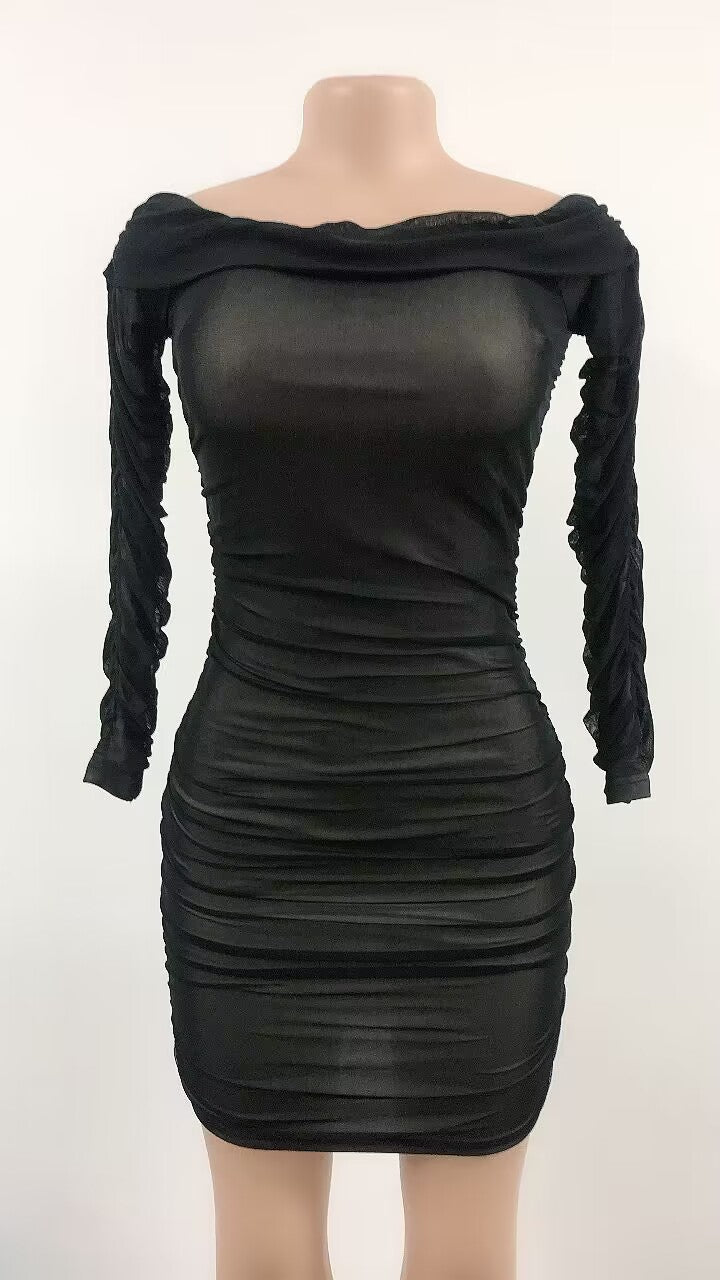 Women Long Sleeve Off Shoulder Mesh Mini Dress 18