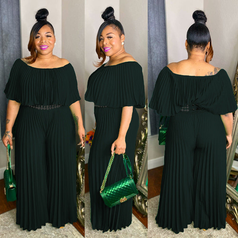 Women'S Fashion Off Shoulder Pleated Loose Slim Waist Jumpsuit