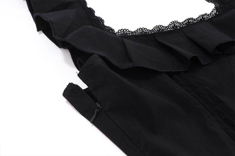 Women Summer French Square Neck Ruffle Edge Herringbone Corset Dress 13