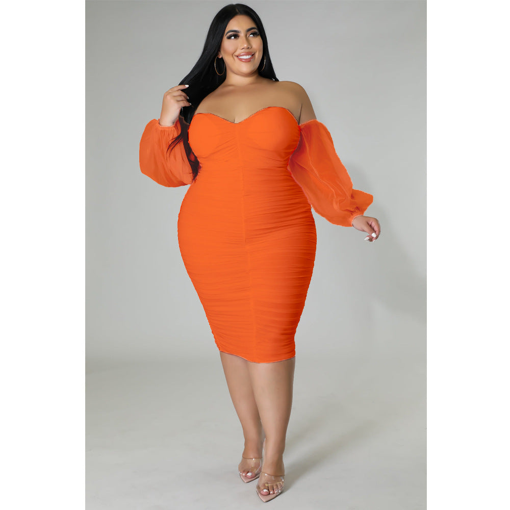 Plus Size Women Mesh Pleated Long Sleeve Dress 5