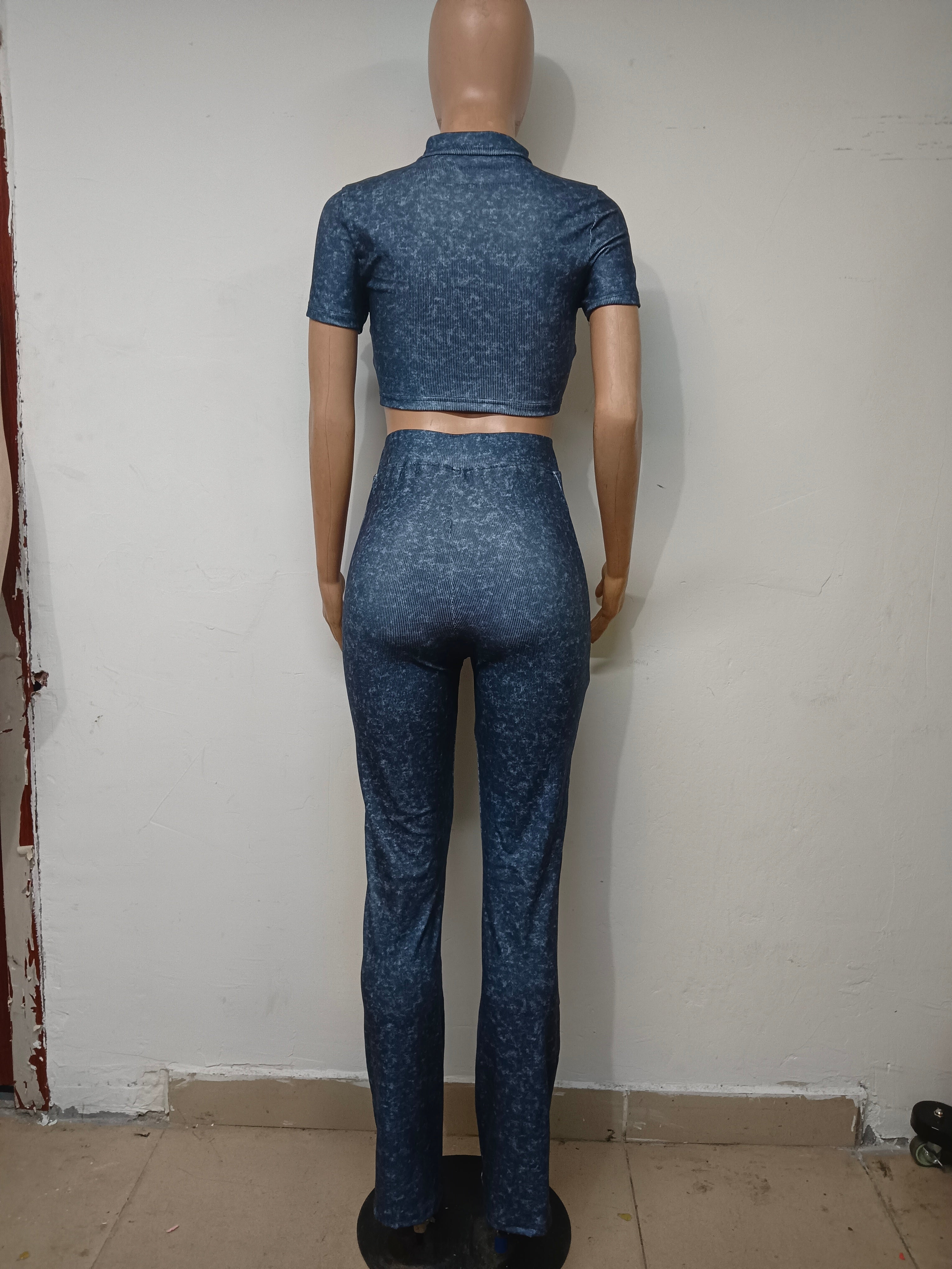 Women Printed Short Sleeve Zipper Top And Bell Bottom Pant Two-piece Set 15