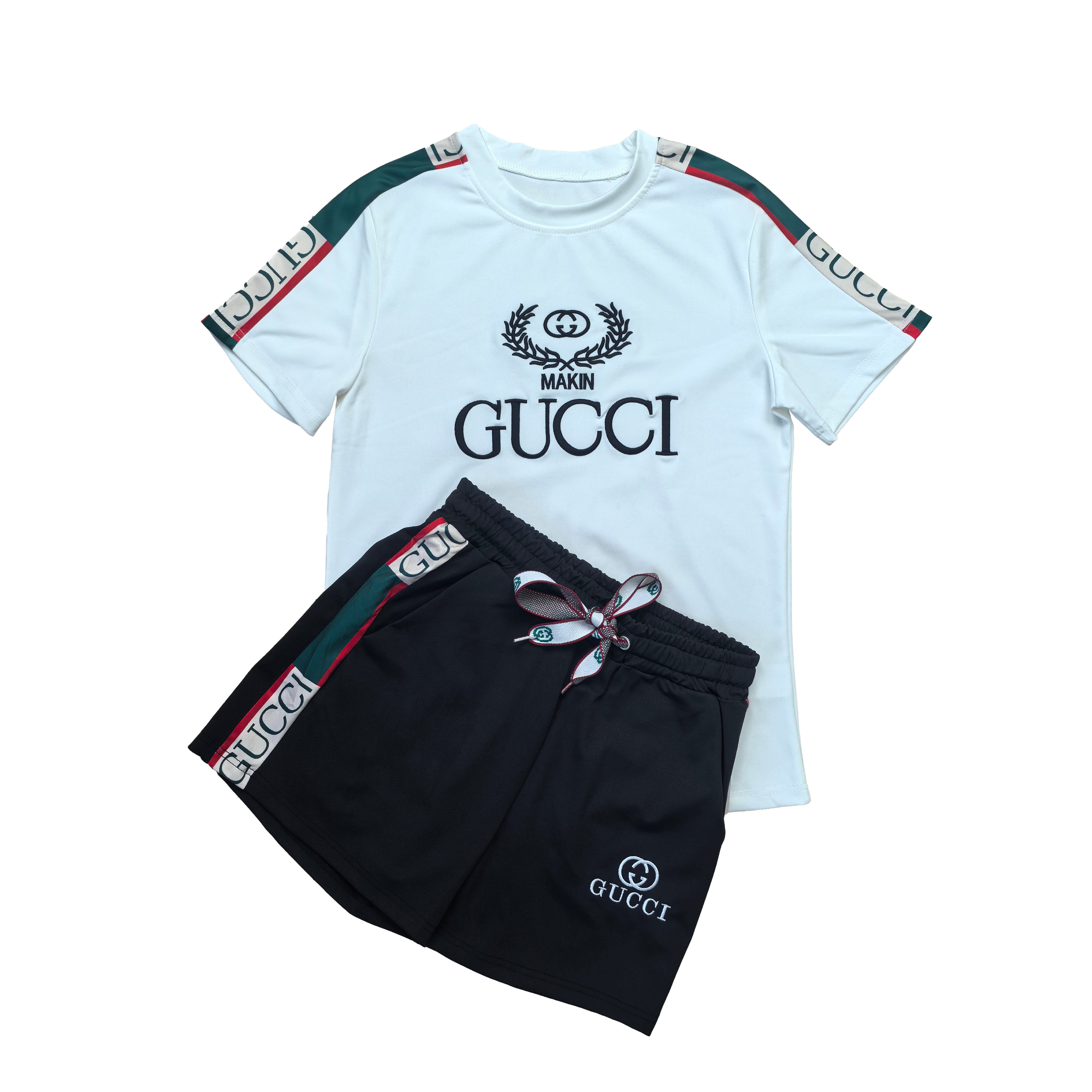 Fashionable Casual Embroidered Round Neck Top & Wide-Waist Ribbon Shorts Set 10