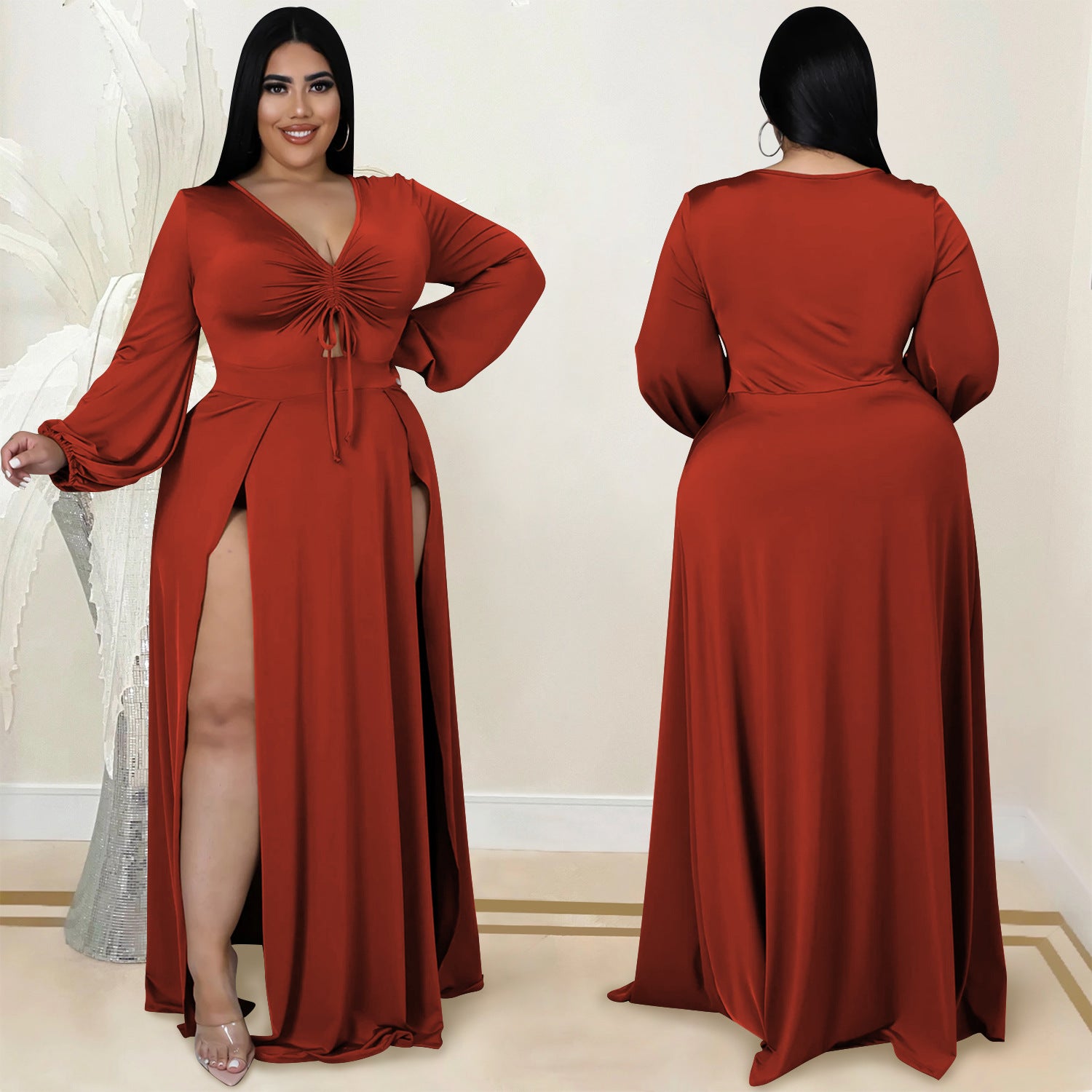 Plus-Size Women V-Neck Long-Sleeved Slit Dress