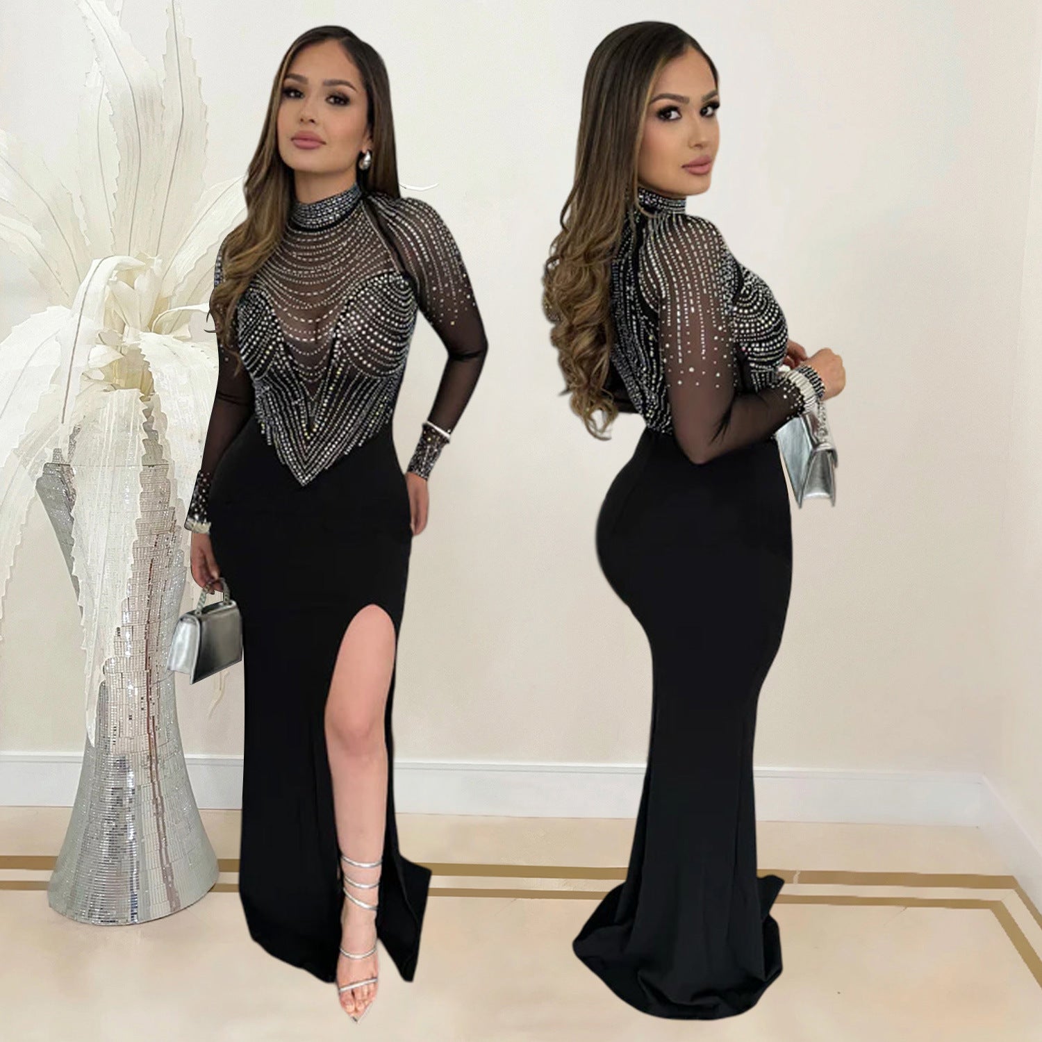 Fashion Women Beaded See Through Mesh Slit Long Dress 3
