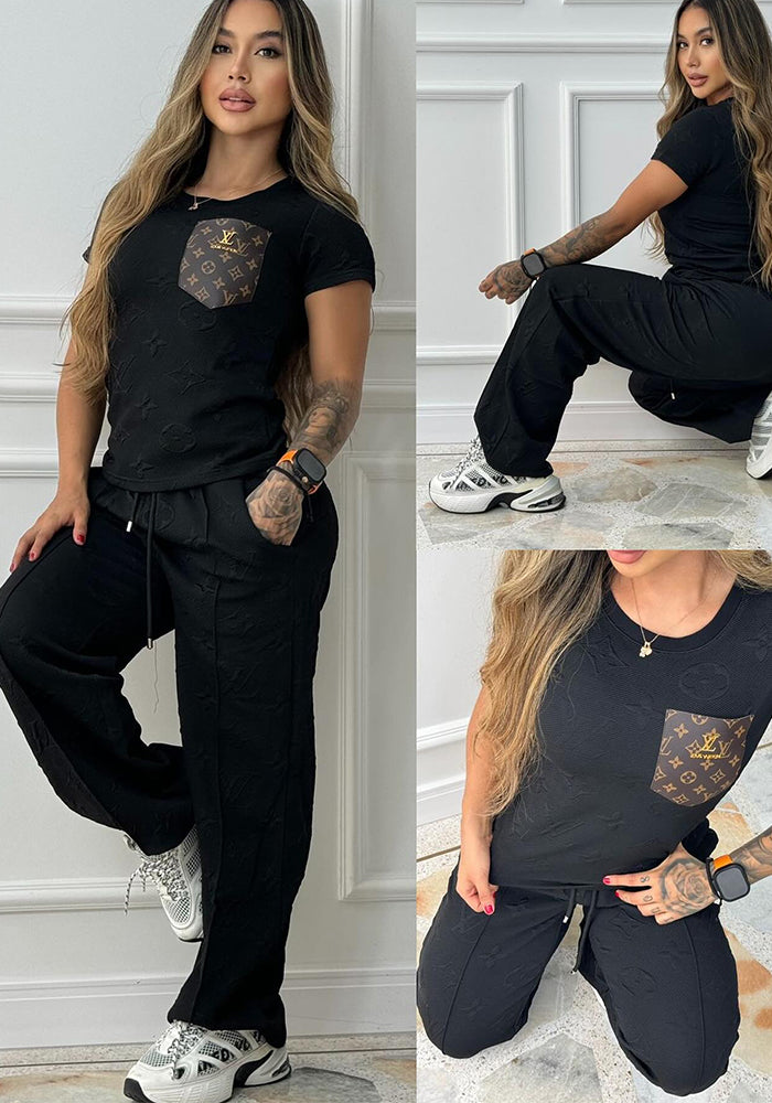 Women casual Pu-Leather pocket short-sleeved top and long pants jacquard two-piece set