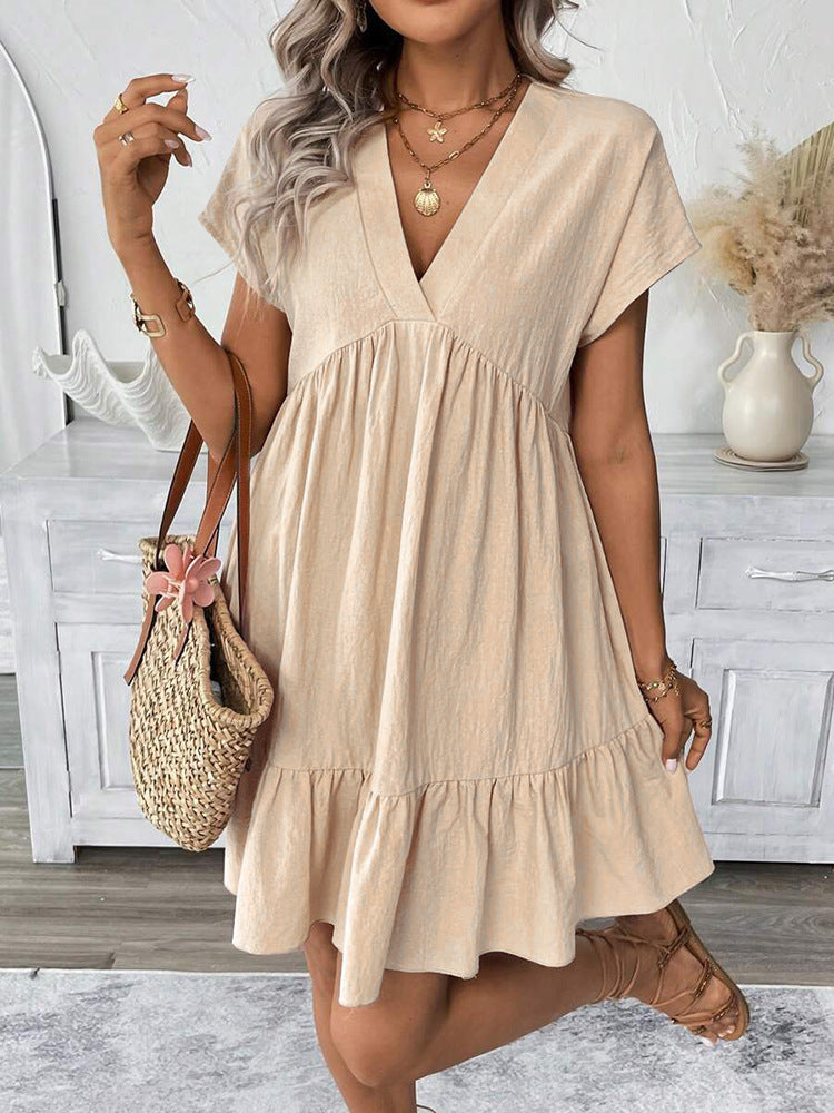 Women's Summer Holiday Style Ruffle Hem V-Neck Solid Color Loose Short Dress 11
