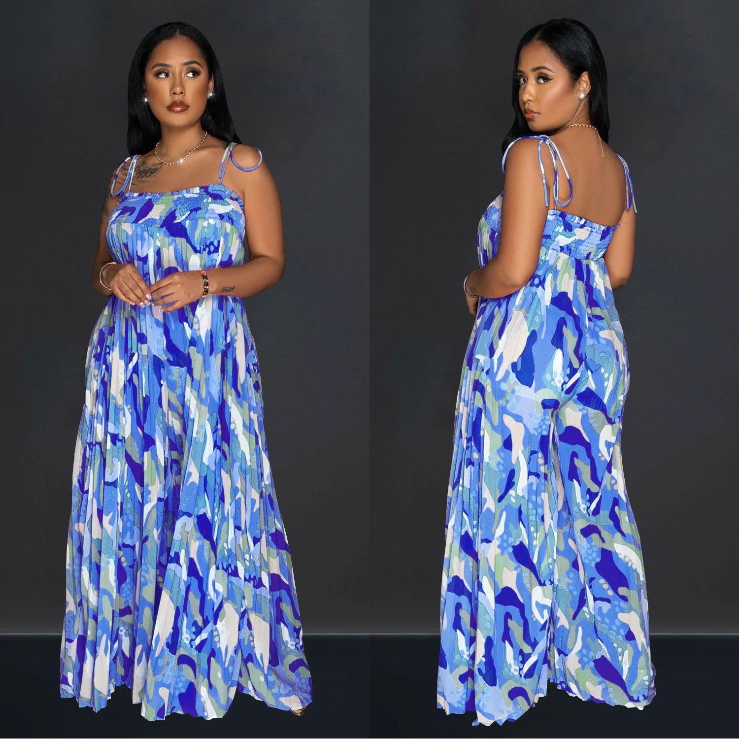 Women Sexy Printed Suspender Pleated Wide Leg Jumpsuit