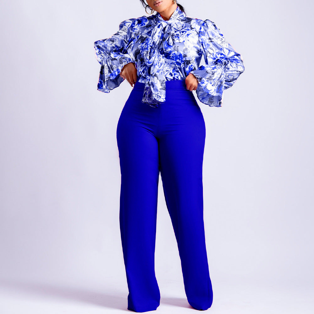 Plus Size Casual Women Printed Long Sleeve Shirt And Wide Leg Pants Two Piece 5