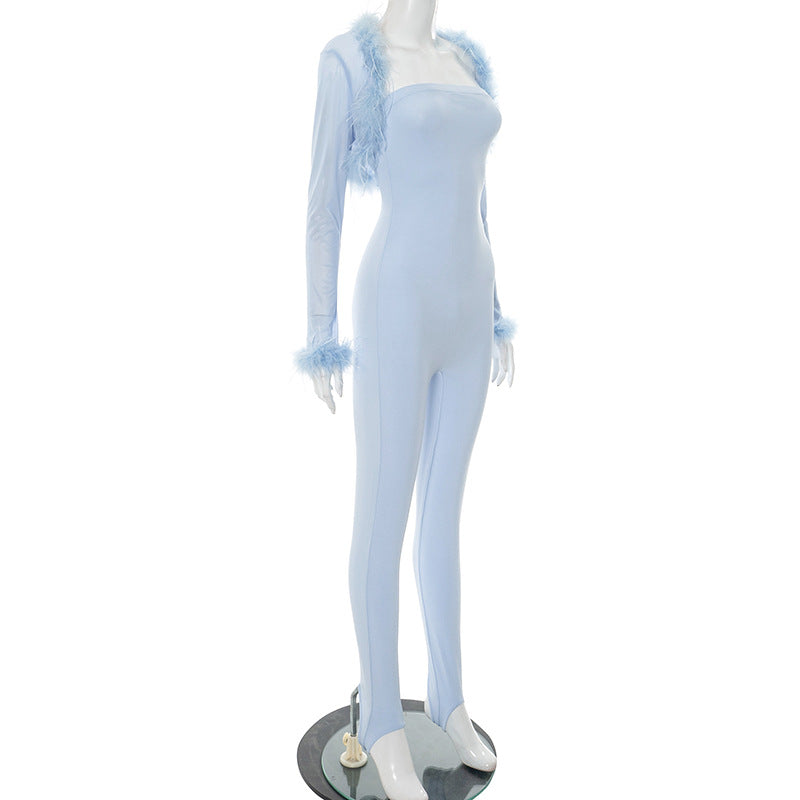 Women's Fur Collar Mesh Long Sleeve Cape Strapless Tight Fitting Jumpsuit Two-Piece Set 7