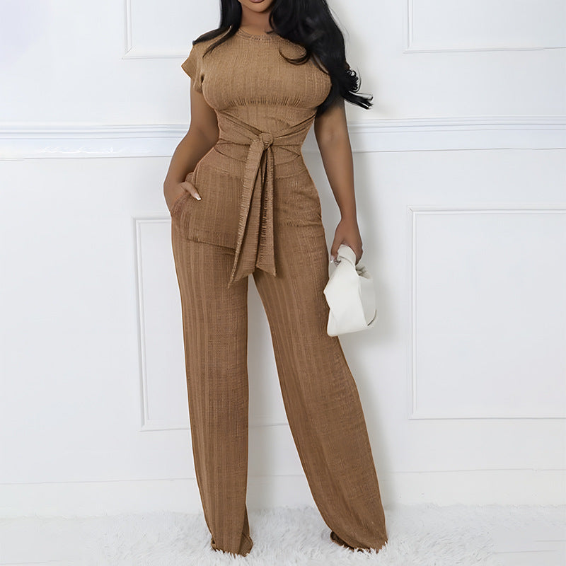 Summer Round Neck Casual Slim Fashion Short Sleeve Two Piece Pants Set 5