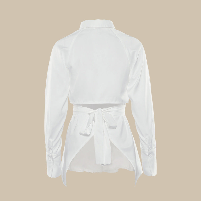 Autumn Winter Slim Waist Low Back Hollow Lace-Up Long-Sleeved White Shirt Top 6