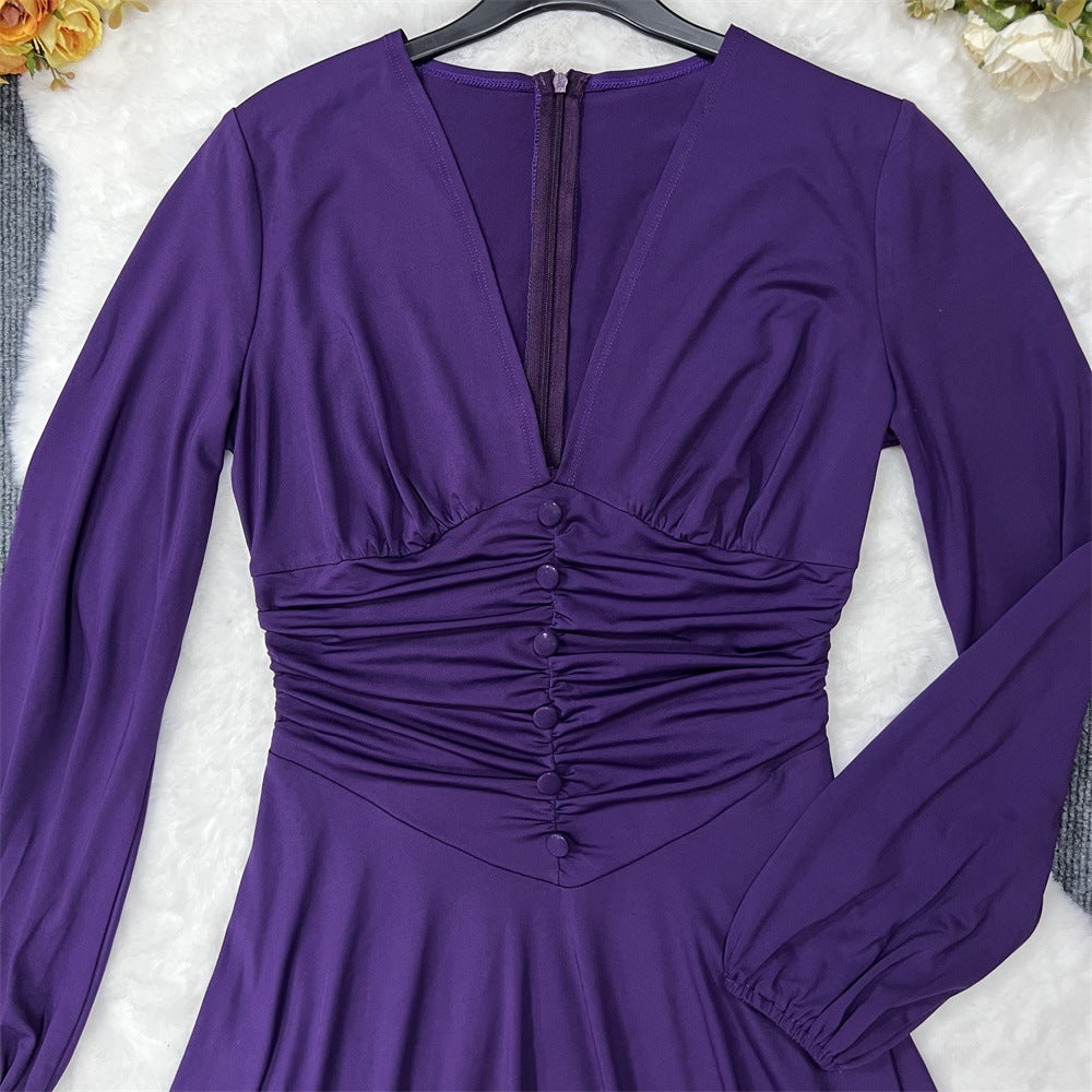 Slim Fit Chic V Neck Long Sleeves Slim Waist A-Line Midi Dress Women's Summer Dress 16