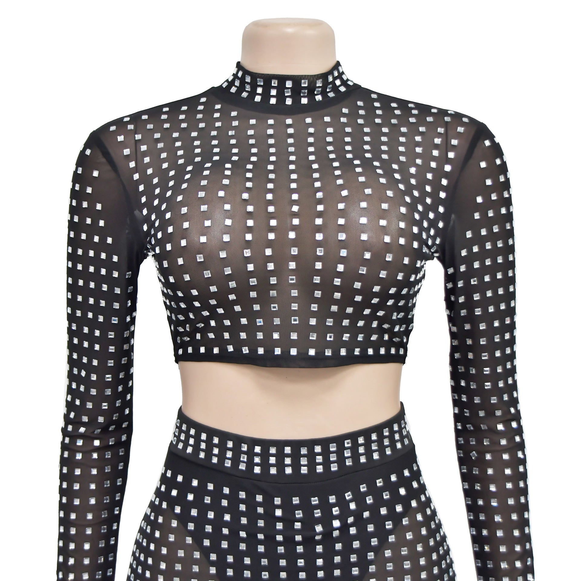 Women Solid Beaded Mesh Top and Pants Two-piece Set 16