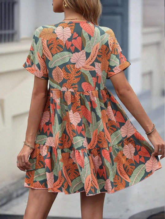 Women Solid V-neck Loose Pleated Dress 6