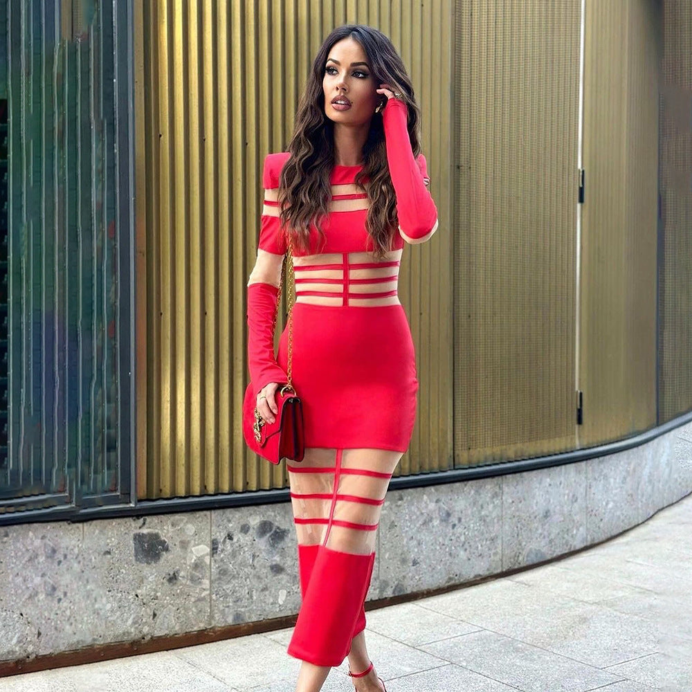 Autumn Winter Fashion Mesh Patchwork See-Through Sexy Chic Slim Long Sleeve Bodycon Long Dress 3