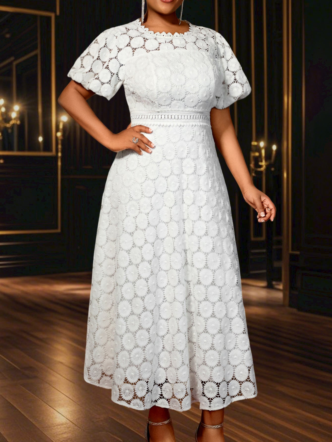 Africa Plus Size Round Neck Lace Puff Sleeve High Waist A-Line Formal Party Evening Gown 10