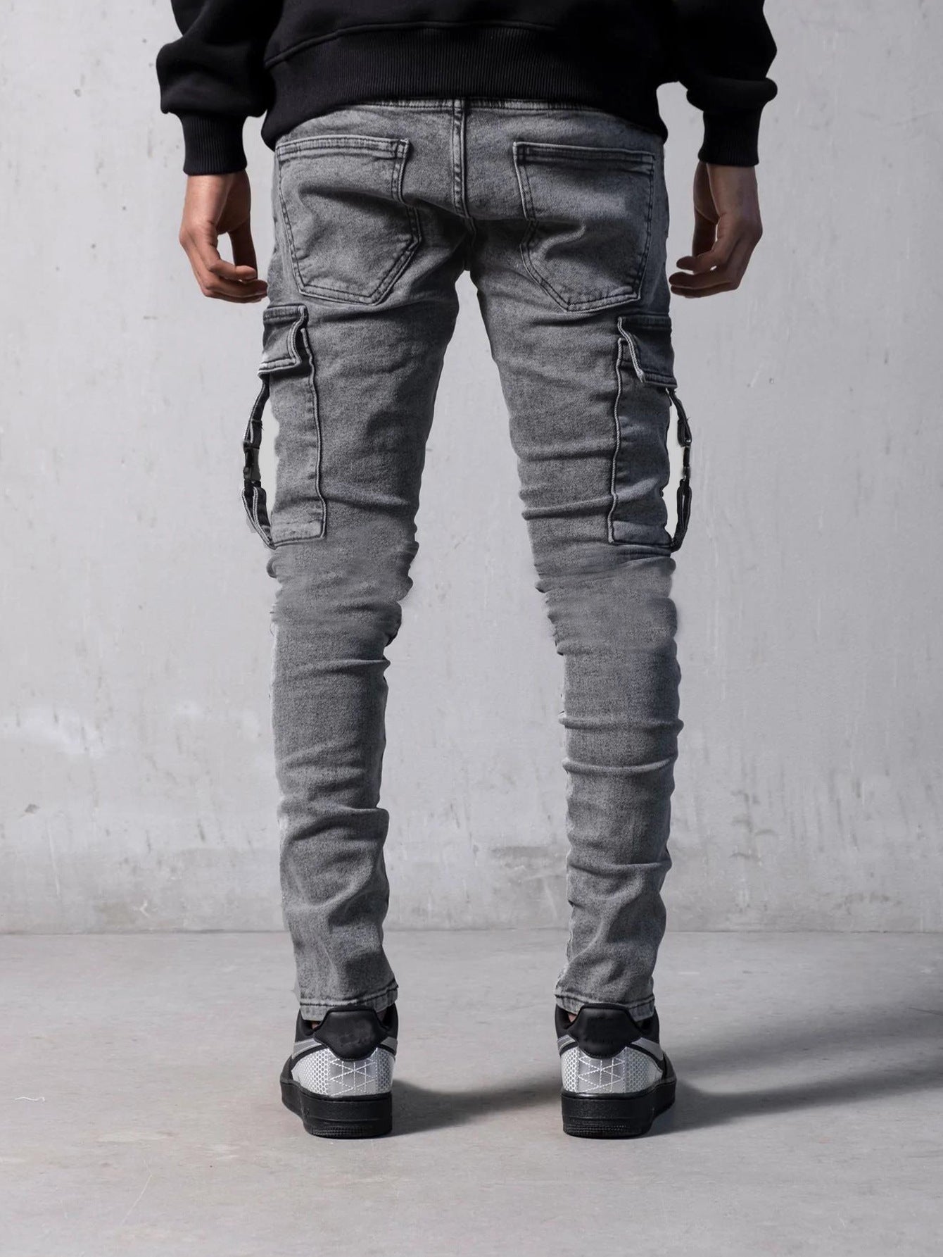 Men's Cargo Pants Trendy Black Slim Denim Tight Jeans
