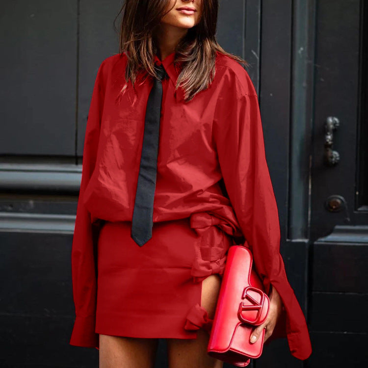 Women Turndown Collar Long Sleeve Tie Shirt Slit Knot Skirt Two-Piece Set