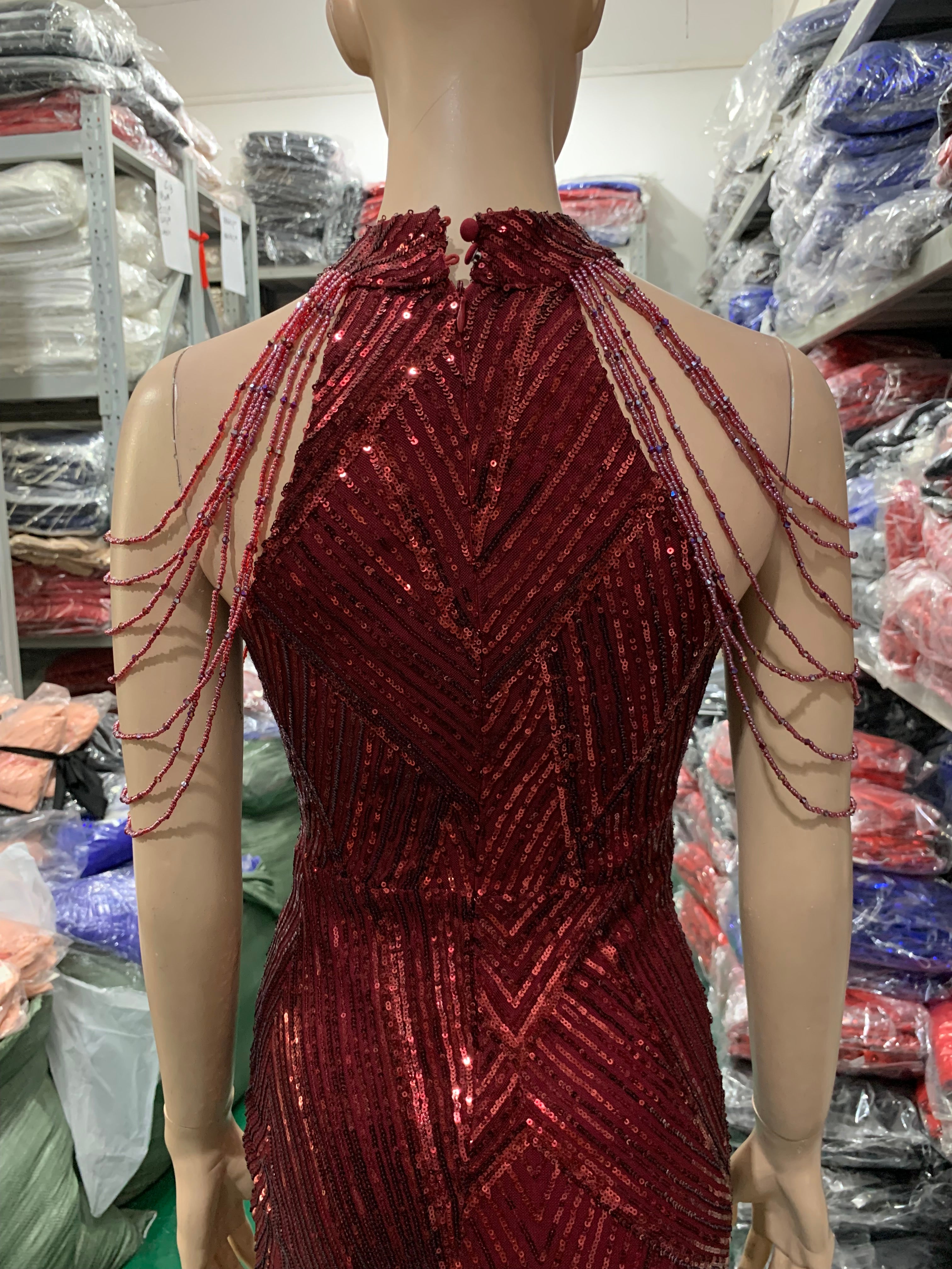 Deep V-Neck Sequined Fishtail Dress Sexy Evening Party Gown 40