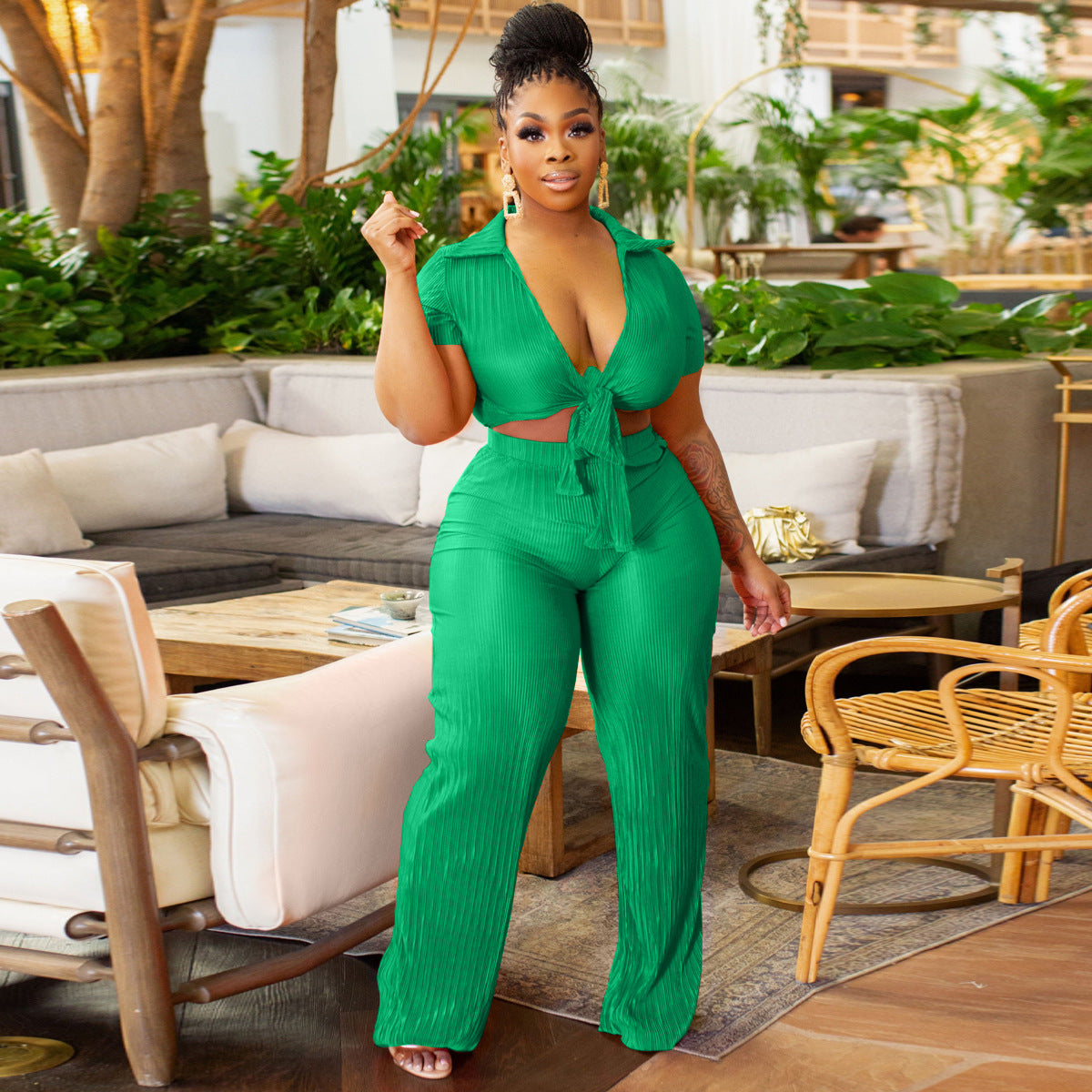 Women Lace-Up Crop Top and Pleated Wide-Leg Pants Two-Piece Set