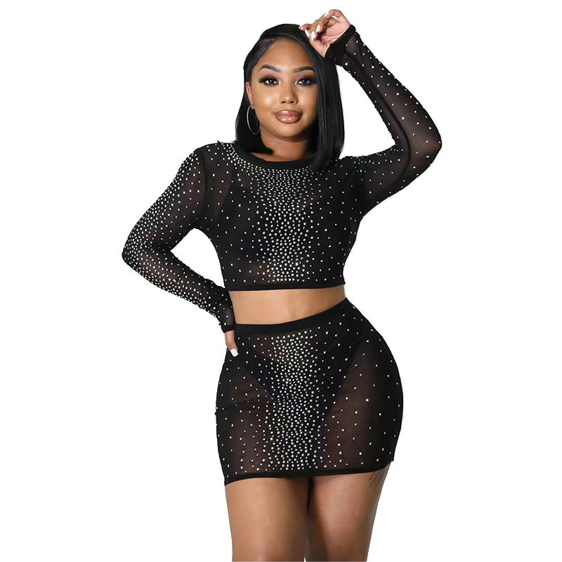 Fashion Sexy Slim See-Through Long Sleeve Beaded Mesh Top Mini Skirt Two-Piece Set 6